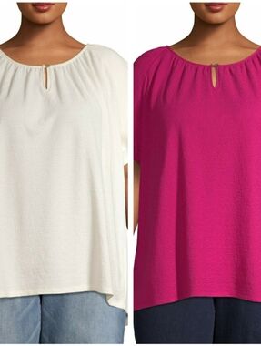 Terra & Sky Scoop-Neck Keyhole Tunic in White & Fuchsia 2 For $20